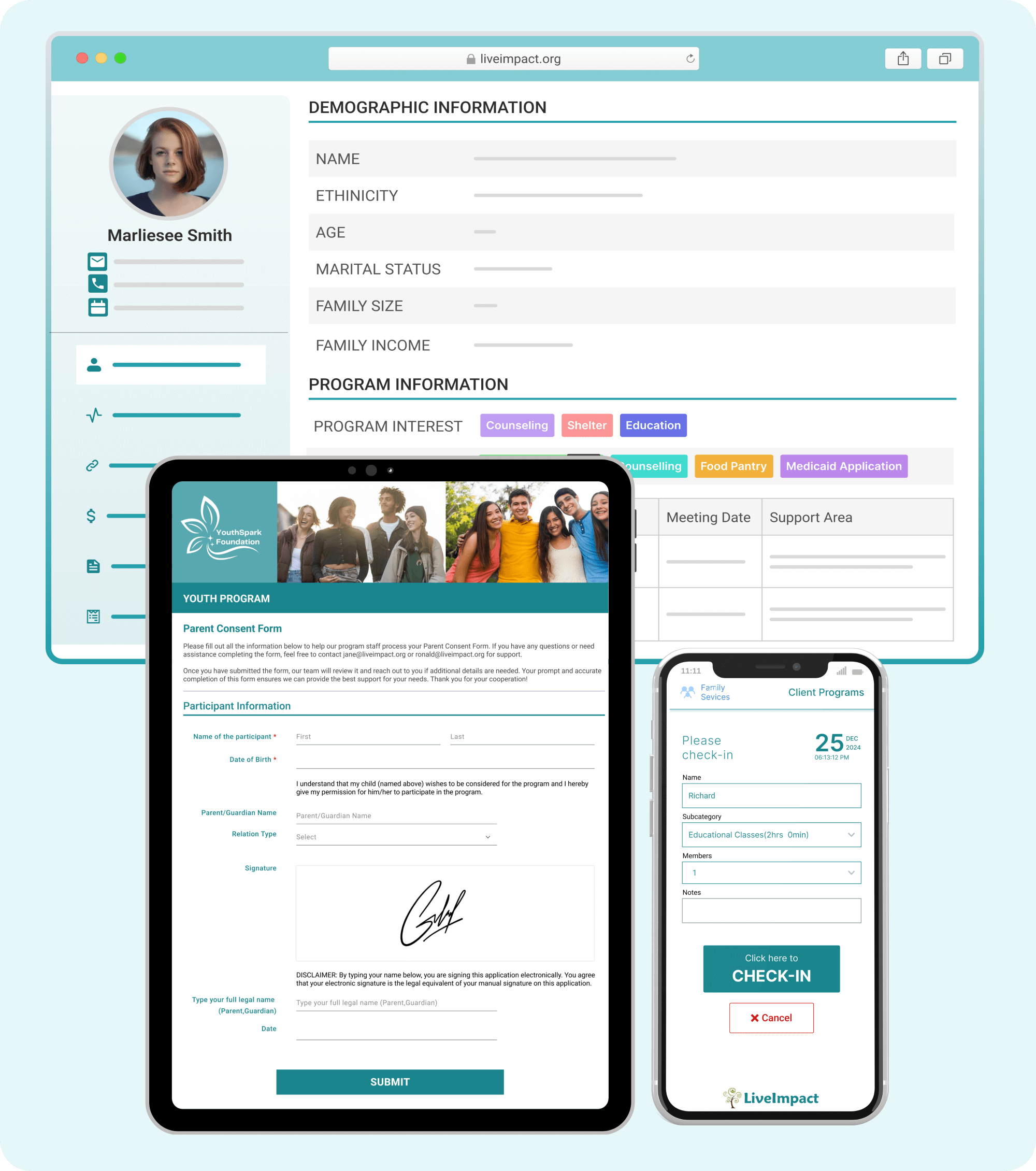 LiveImpact displaying its user-friendly platform and simplified intake and check-in features
