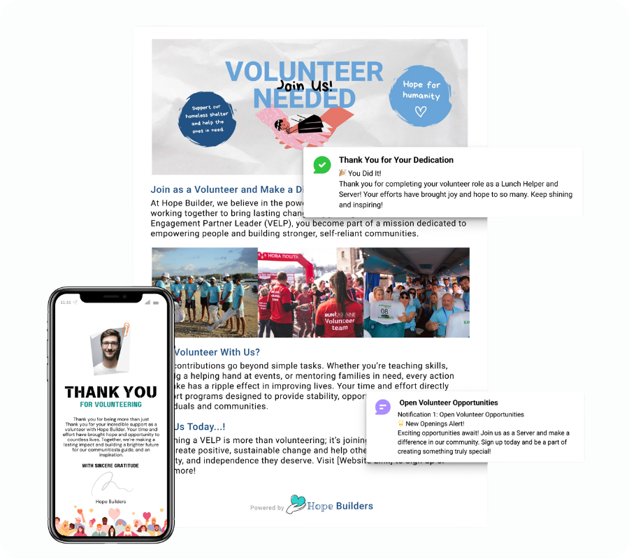Users engaging volunteers through a volunteer management system