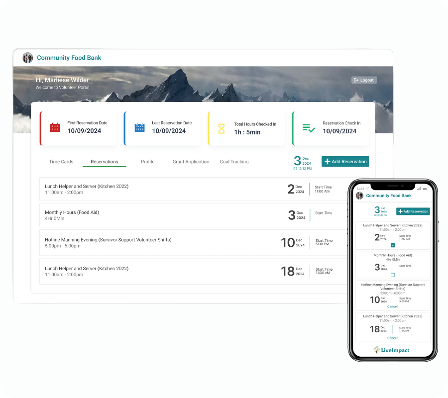 LiveImpact displaying volunteer portal that can be accessed through any device