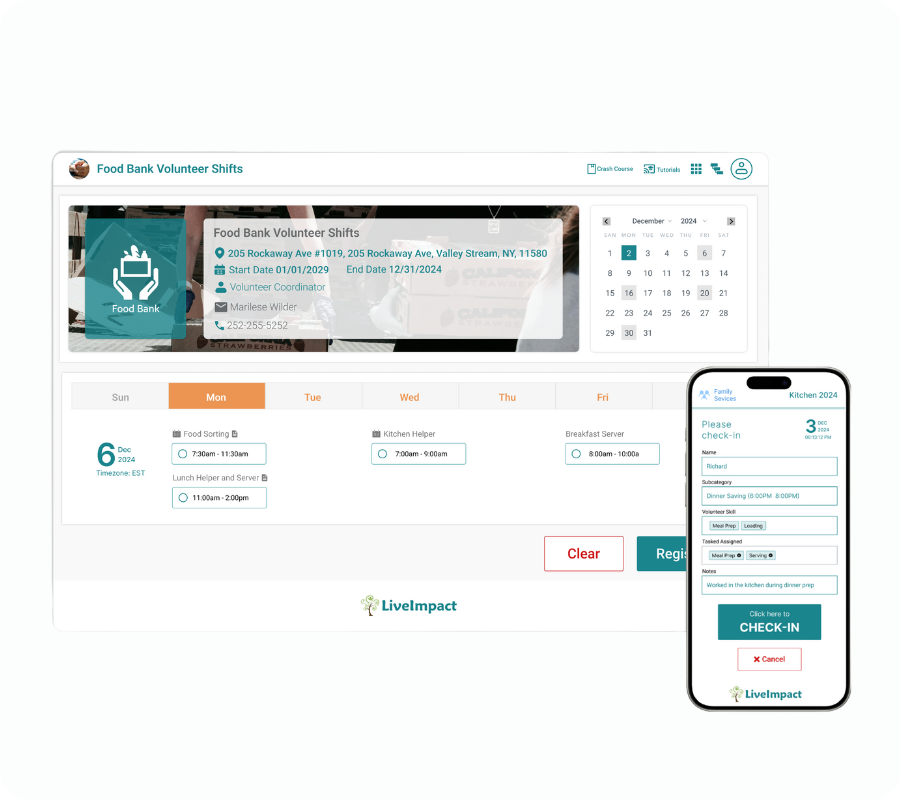 LiveImpact displaying volunteer scheduling and time tracking features