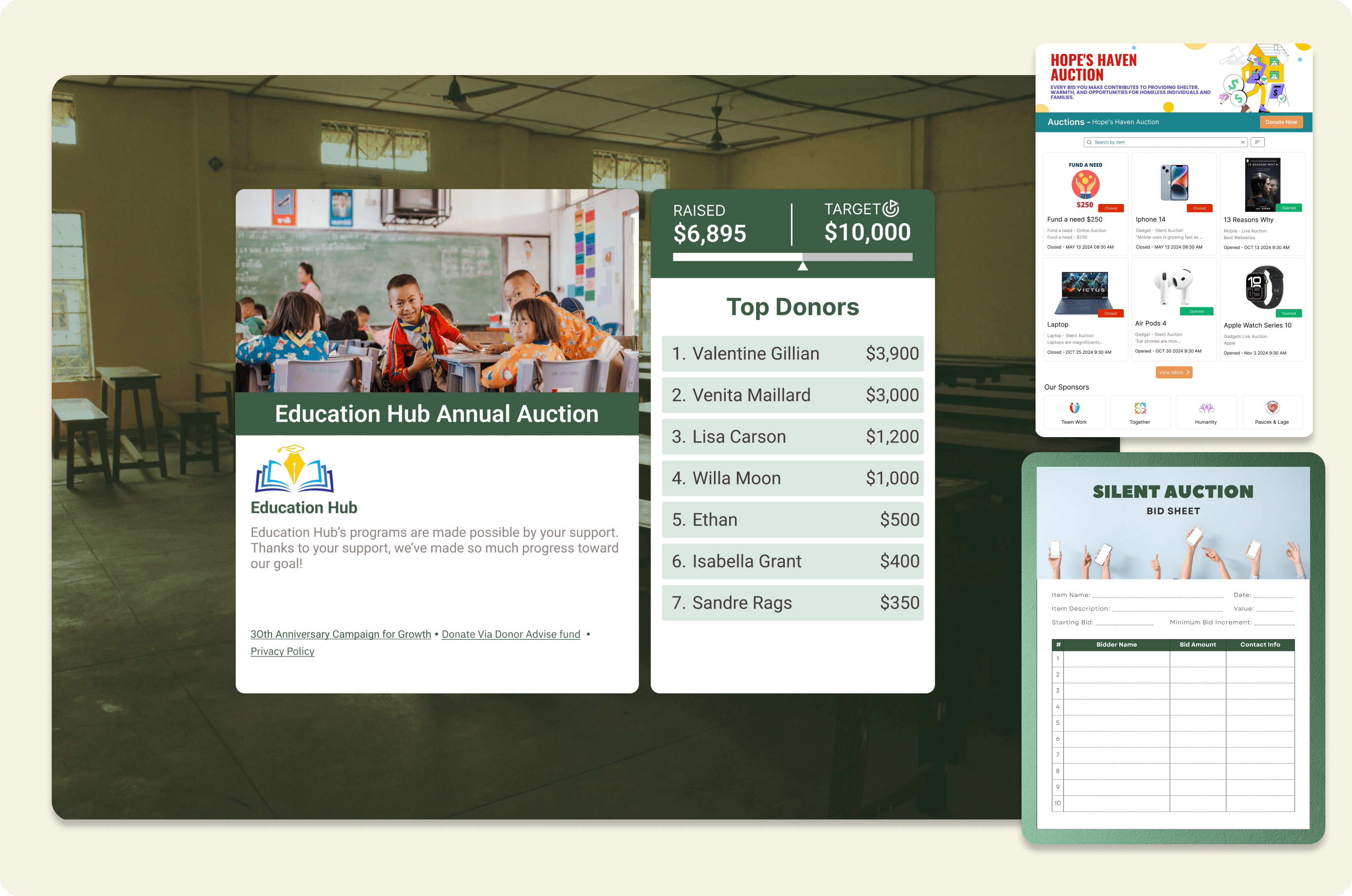 An auction management page displaying bid sheets, auction items, and top donor rankings