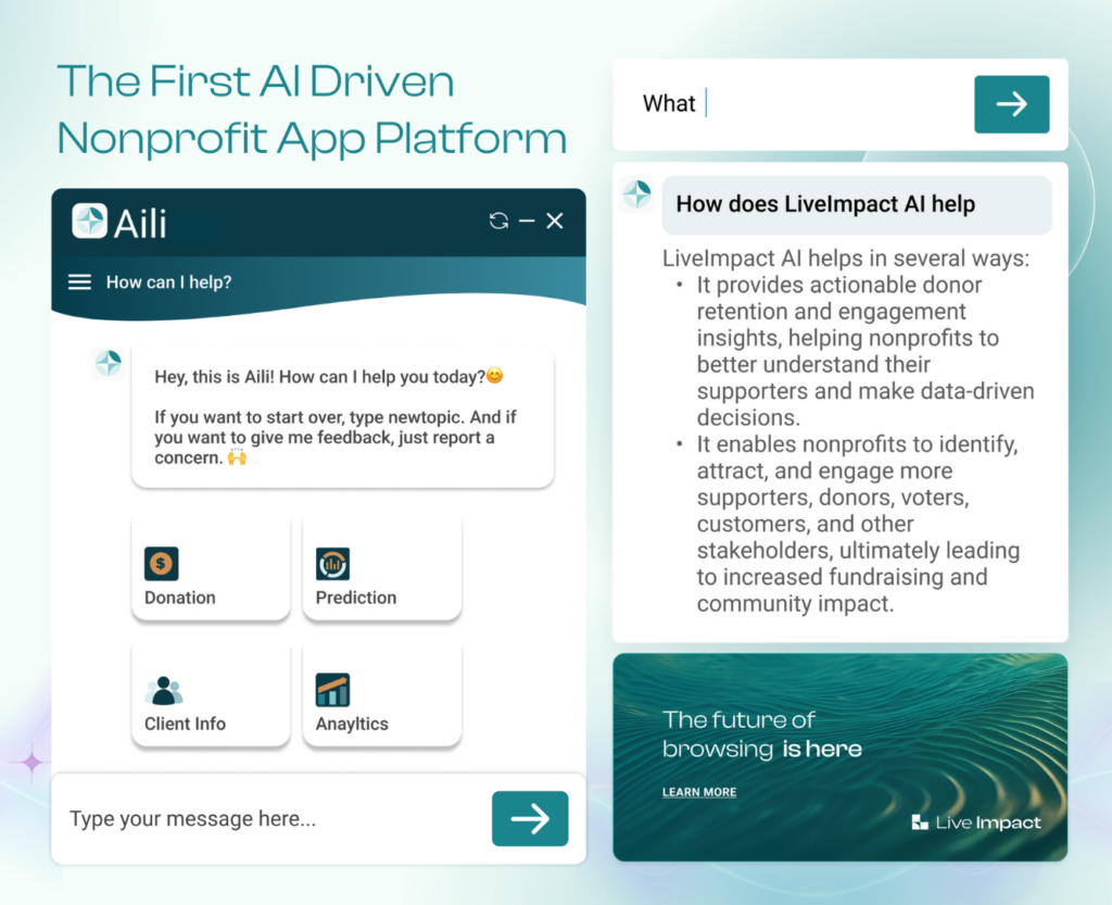 An image of an AI-driven nonprofit platform displaying data insights and automated tools.