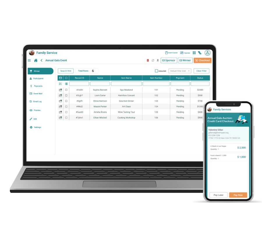 An auction management dashboard displaying item listings, bids, and event progress