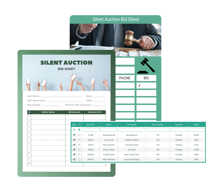 A silent auction bid sheet showing item details, starting bid, and bidder information