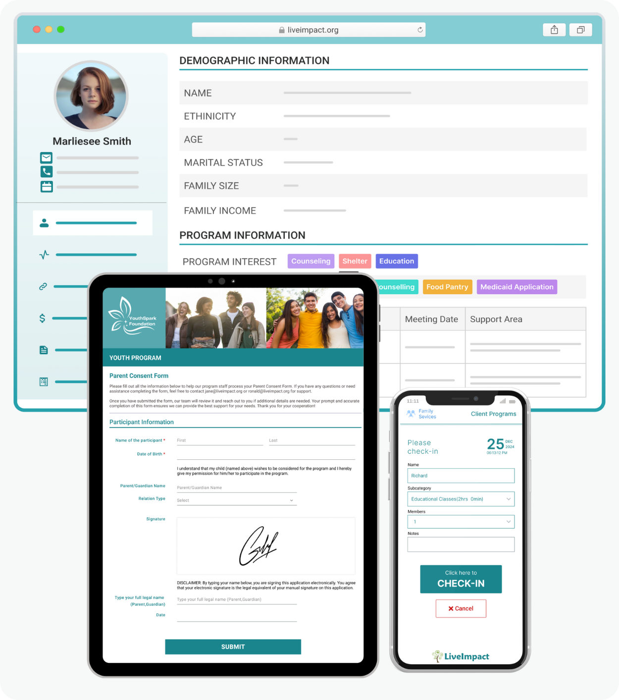 An integrated, cost-effective nonprofit software displaying its donor management, client intake, and scheduling tools