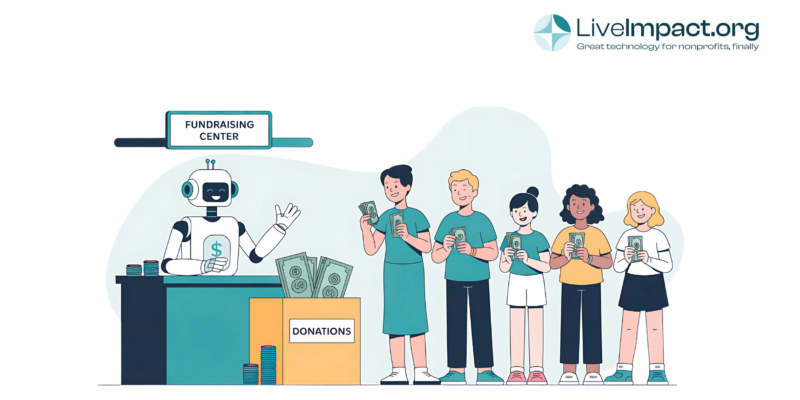 Illustration of a friendly AI robot managing a nonprofit fundraising center, collecting donations from a diverse group of smiling donors. Concept highlights how artificial intelligence supports donor engagement and fundraising automation in nonprofit CRM systems. Branded with LiveImpact.org logo.
