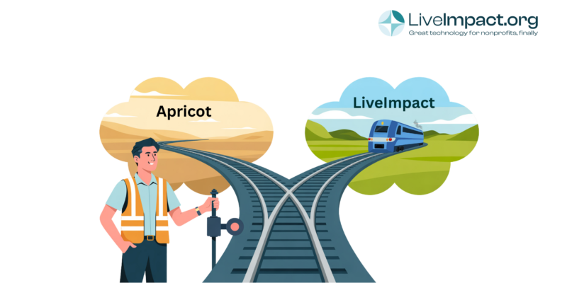 Illustration of a nonprofit professional switching train tracks from Apricot CRM to LiveImpact CRM, symbolizing a transition to a modern nonprofit software platform.