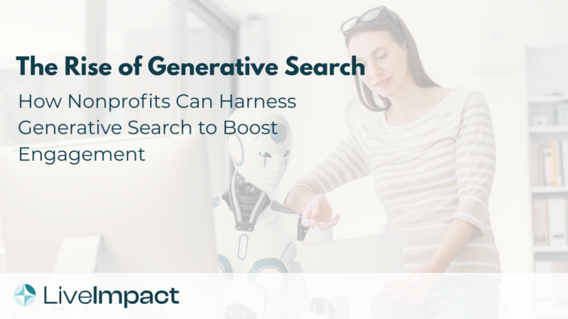 Nonprofit professional collaborating with AI robot, representing how nonprofits can harness generative search and Generative Engine Optimization (GEO) to boost engagement