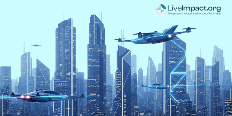 Futuristic city skyline with flying cars and glowing skyscrapers representing innovation and technology, used by LiveImpact.org nonprofit software to symbolize the future of unified nonprofit case management and data solutions.