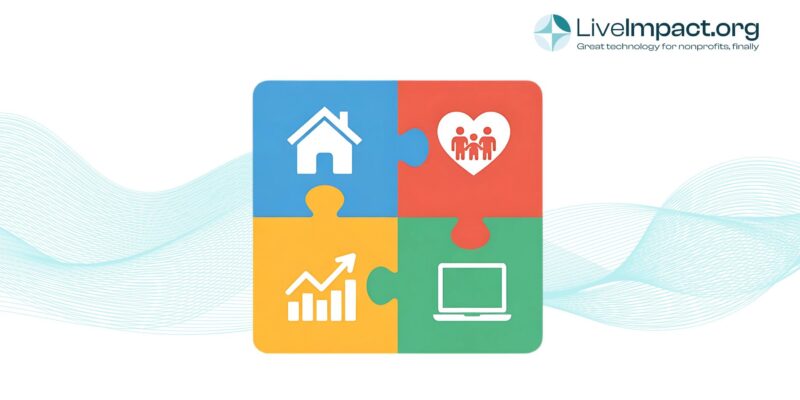 Cartoon puzzle pieces representing nonprofit case management software with icons for housing programs, family services, data analytics, and technology.