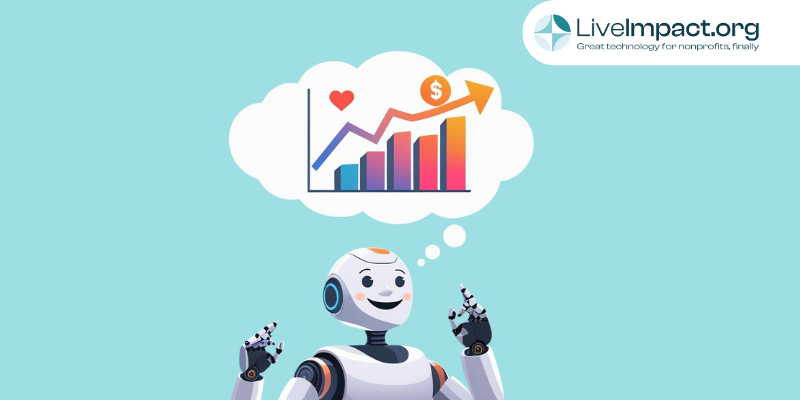 Robot using predictive analytics for nonprofit fundraising with chart showing donor growth and donations increase, branded with LiveImpact.org logo.
