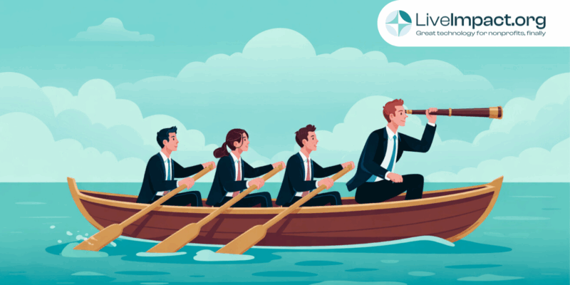 Nonprofit team collaborating in a rowboat, symbolizing unified direction and teamwork with LiveImpact logo in the corner