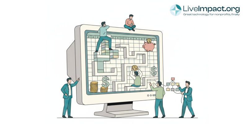 Nonprofit staff struggling inside a spreadsheet maze on a computer screen, symbolizing the hidden costs of Excel, representing excel vs case management software
