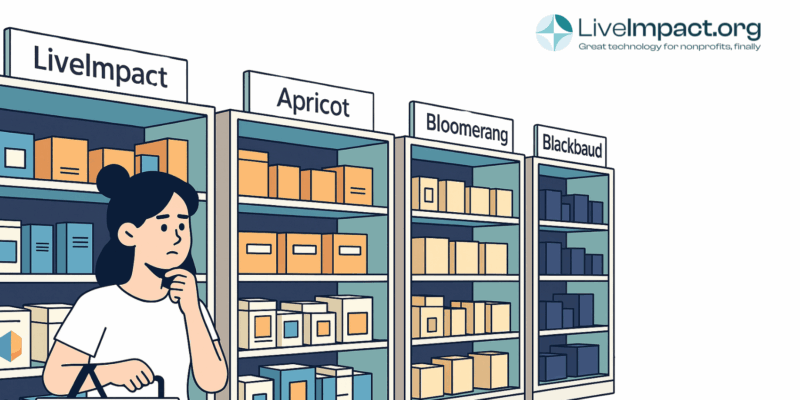 Illustration of a woman shopping and comparing nonprofit software options on store shelves labeled LiveImpact, Apricot, Bloomerang, and Blackbaud, with LiveImpact highlighted as the best CRM choice for nonprofits.