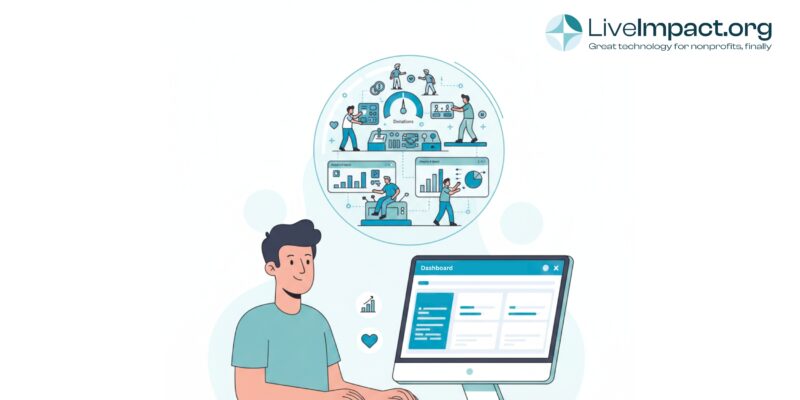 Illustration of a nonprofit professional using LiveImpact.org software dashboard to manage donations, analytics, and impact reporting for nonprofit programs.