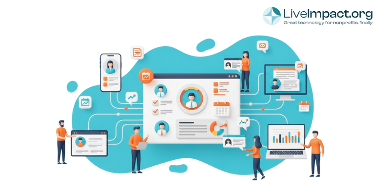 Illustration of LiveImpact’s nonprofit case management software connecting staff, families, and data through an integrated platform for trauma-informed care.
