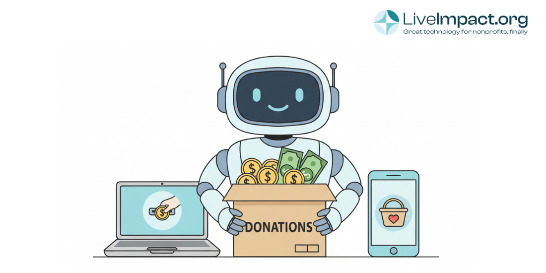 Illustration of a friendly robot holding a donation box filled with money, symbolizing AI for nonprofit donor acquisition and automated fundraising tools, with laptop and smartphone icons representing digital giving through LiveImpact.