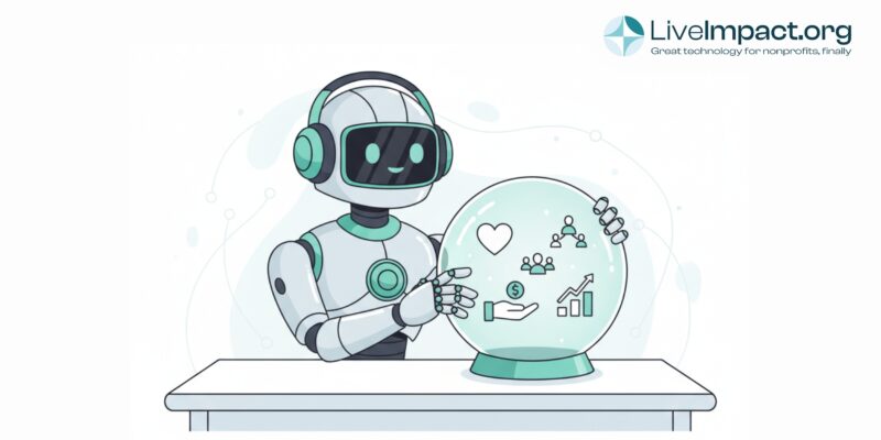 Friendly robot using AI to predict nonprofit trends with icons of donations, growth, and community inside a crystal ball, featuring LiveImpact.org logo.