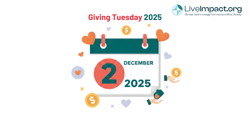 GivingTuesday 2025 calendar showing December 2 circled in red with donation icons and giving symbols