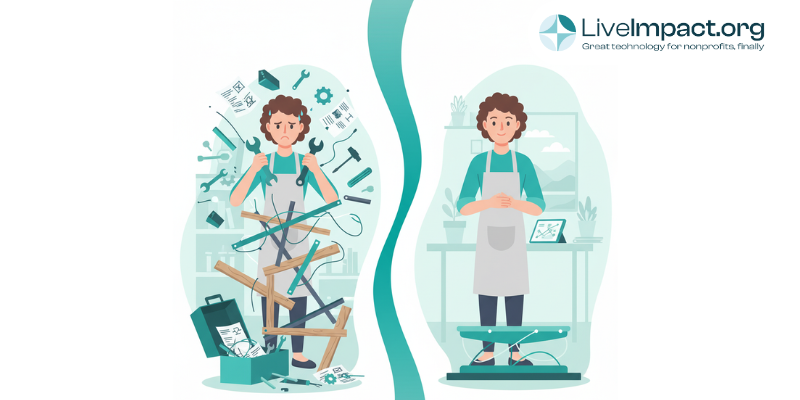 Illustration comparing complex, cluttered software tools with streamlined LiveImpact nonprofit case management system, highlighting simplicity and efficiency.