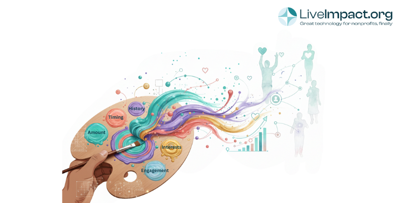 AI fundraising software visualized as artist palette with timing, amount, history, and engagement data flowing to connected donors