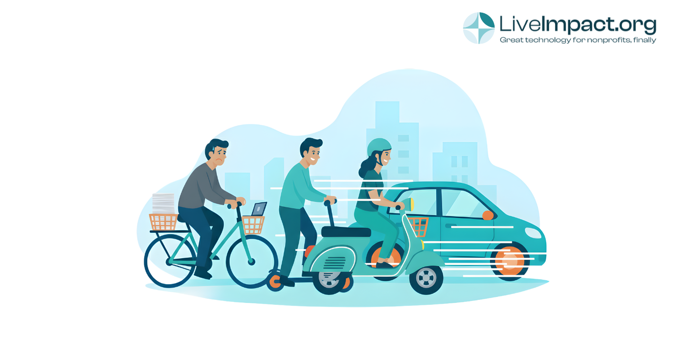 Nonprofit professionals progressing from outdated systems to modern case management software, symbolizing faster and smarter impact with LiveImpact.org