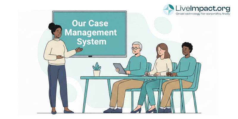 Nonprofit program manager presenting a case management software proposal to leadership team