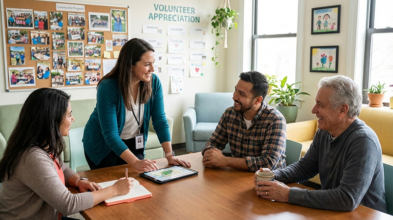 Nonprofit fundraising team collaborating in community-focused office meeting, discussing donor relationships and case management software strategies