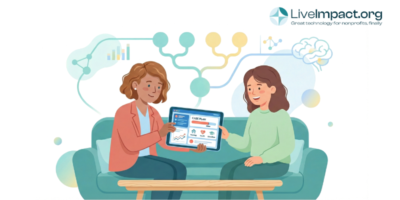 Social Services worker using case notes software on tablet during client home visit