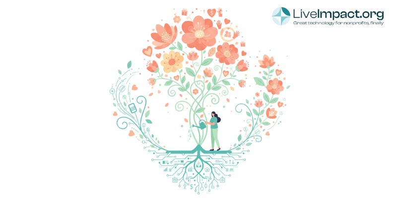 AI-powered fundraising growth illustration showing nonprofit professional cultivating donor engagement from data analytics into successful fundraising outcomes