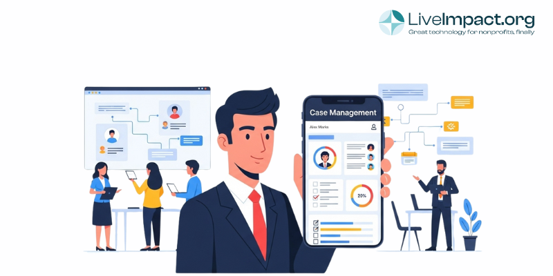 Social services worker using mobile case management software on tablet while meeting with client in community setting