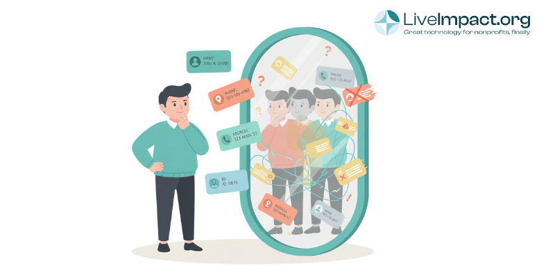 Visual metaphor of client records duplicating like confusing mirror reflections in client management software