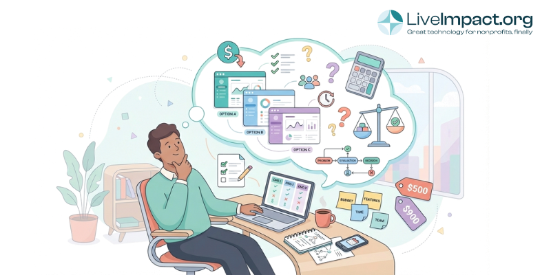 Nonprofit team evaluating software options and discussing technology budget considerations