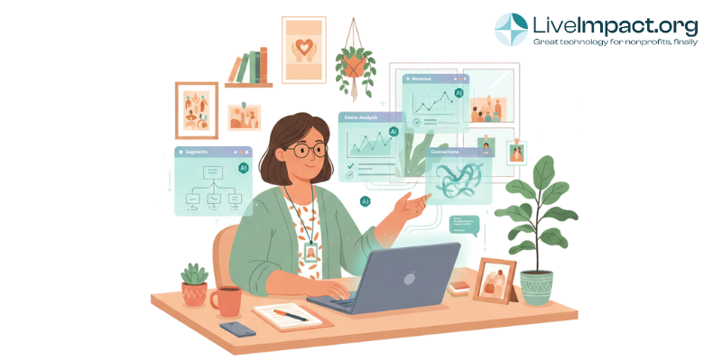 Nonprofit professional using AI tools on laptop with data visualization charts, donor analytics, and organizational flowcharts displayed on screen in warm office setting