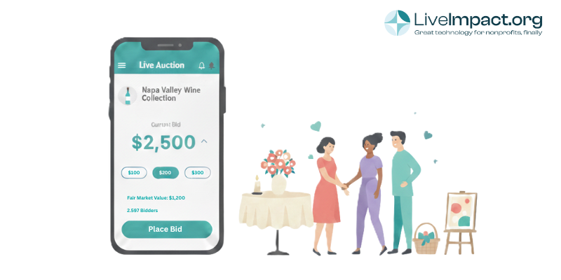 Mobile phone displaying live auction bidding app interface with current bid amount and place bid button at nonprofit charity gala