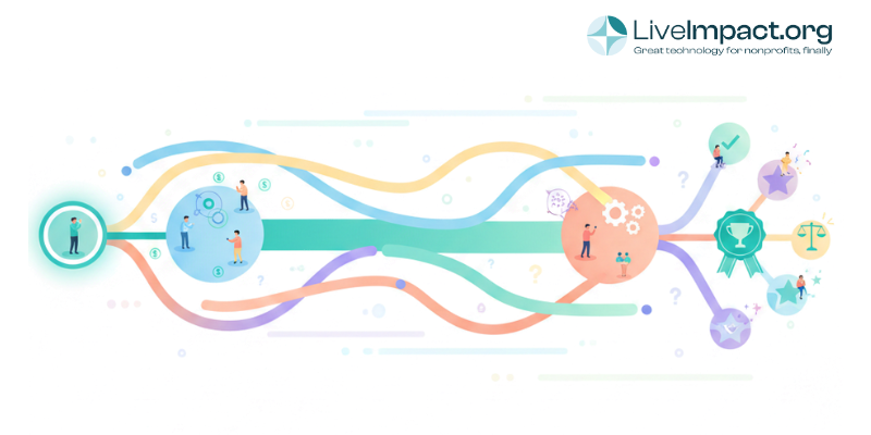 Abstract illustration showing nonprofit decision-making journey for selecting donor management software with branching pathways and destination outcomes