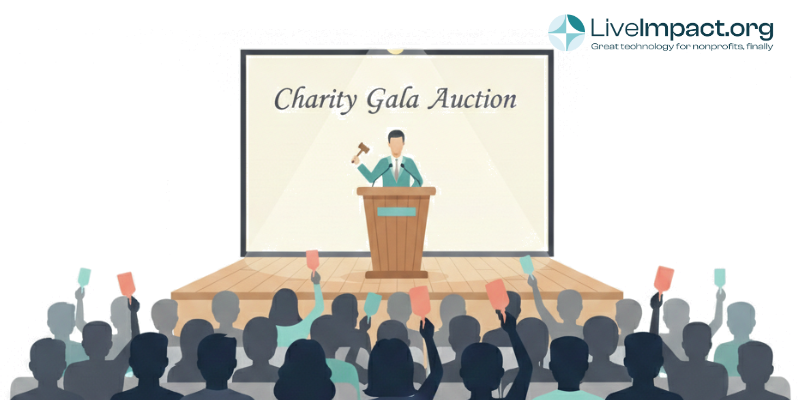 Professional nonprofit gala auction showing auctioneer engaging bidders from auditorium audience perspective at fundraising event