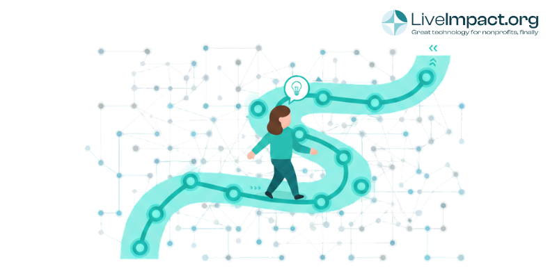 Overhead view of nonprofit professional walking along glowing AI path through complex data maze representing guided clarity