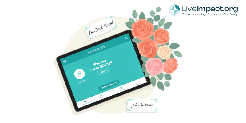 Nonprofit event management software displayed on tablet at fundraising gala table setting