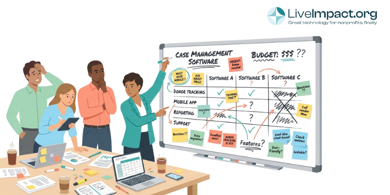 Nonprofit team comparing free and paid case management software options on cluttered whiteboard during planning meeting