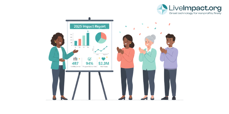 Nonprofit staff member presenting impact metrics and outcome charts to an engaged, cheering audience