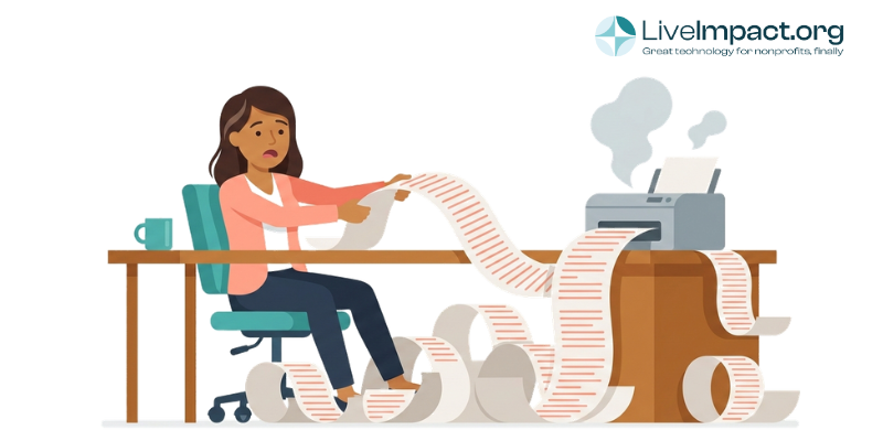 Woman stares in confusion as an endless donor report scroll buries her desk and floor in towering paper coils