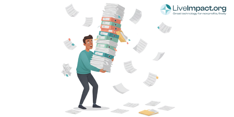 Nonprofit worker barely visible beneath a towering stack of binders as papers explode across the canvas in every direction