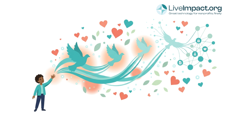 A figure releases four birds trailing sweeping teal ribbons into a glowing data network, surrounded by scattered hearts and warm light