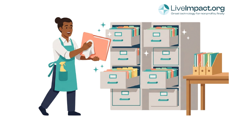 Nonprofit CRM organization illustrated as immaculate color-coded filing cabinets containing donor records with a man polishing files.
