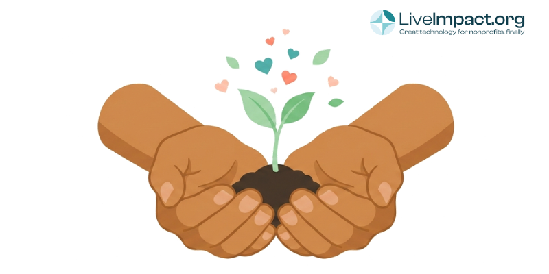 Two hands gently holding a seedling with small hearts rising upward, representing donor relationship care