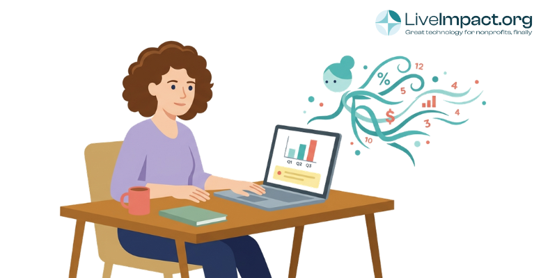 Artificial intelligence partnership illustration showing a nonprofit worker and a wispy data spirit with embedded chart symbols collaborating over a laptop