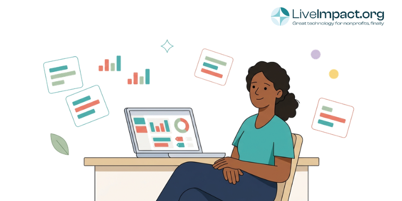 Grant management software dashboard open on laptop as development director works with relaxed focus