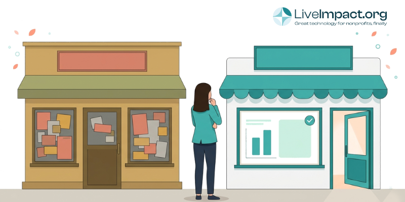 Person standing on a sidewalk choosing between two software storefronts, one cluttered and one clean and modern, representing Blackbaud alternatives for nonprofits.