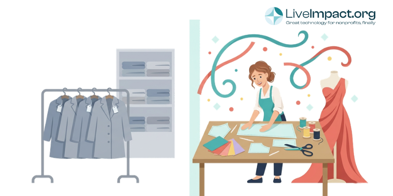 Prebuilt vs. customizable nonprofit software shown as a retail rack of identical coats beside a seamstress designing a custom gown